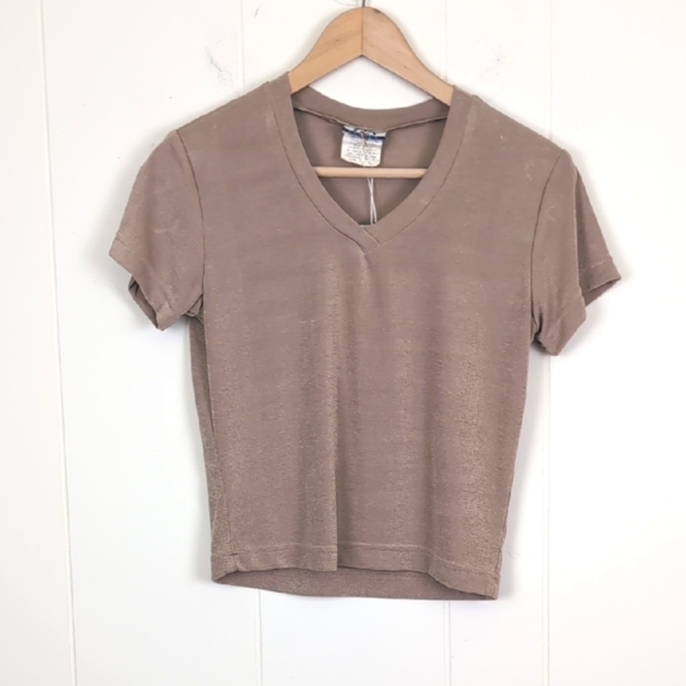 725 Beige Baby Tee V Neck Top Vintage